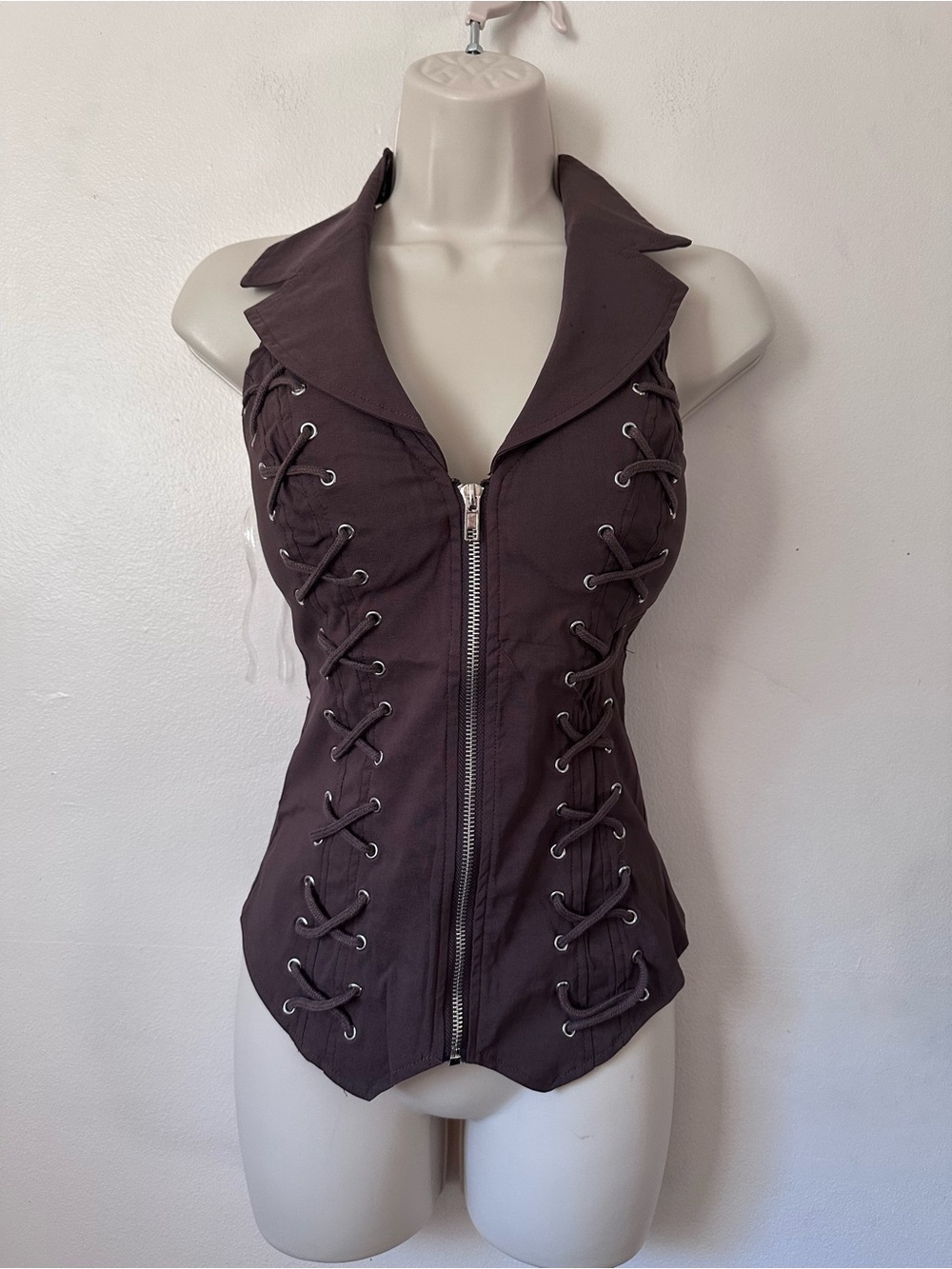 Lace-Up Zip Front Sleeveless Top - Brown